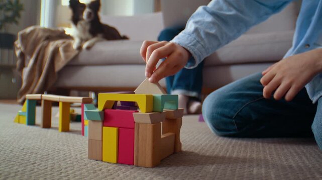 Boy builds wooden block house while dog rests on sofa at home