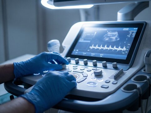 Sonographer operates a medical ultrasound machine to perform a diagnostic examination on a patient.