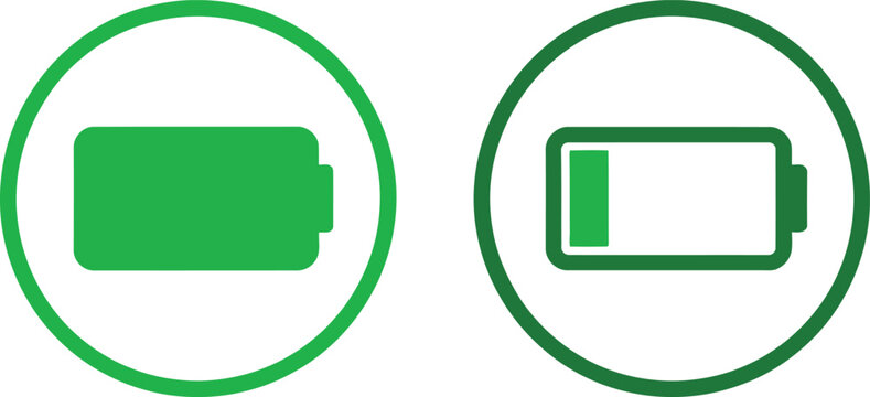 Green battery icons representing full charge status and low energy level for mobile device interface design