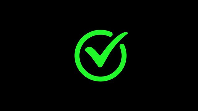 Correct sign and approval symbol animation on Black background. animated checkmark for success. check mark sign, verify complete sign, approved, select tick, success , approved, yes icon signs