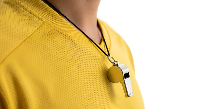 A referee wearing a yellow shirt and a whistle around their neck brazilian in yellow shirt jersey for 2026 soccer world championship.