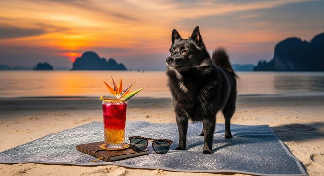 Black schipperke dog standing on beach mat with cocktail notebook and sunglasses at sunset