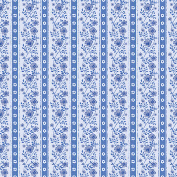blue preppy Floral whimsy cottagecore striped seamless pattern. flower vines background, fabric