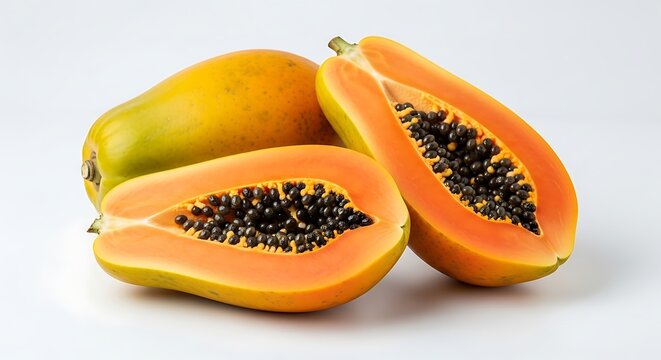 Fresh papaya fruit whole and sliced vibrant orange color