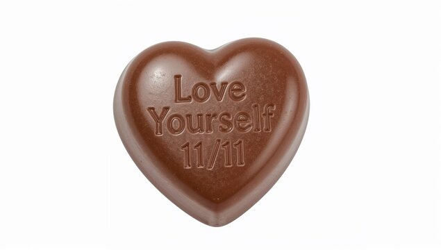 Heartshaped chocolate with love yourself 1111 message on white background