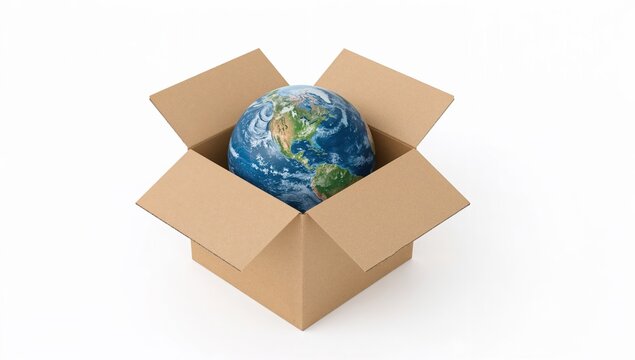 Planet earth inside open cardboard box on white background, global delivery and worldwide shipping environmental concept