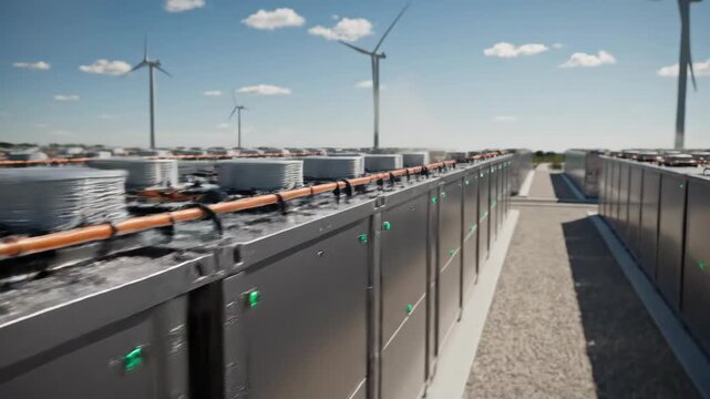 Industrial energy storage units with connected cables in a wind farm; turbines against a blue sky