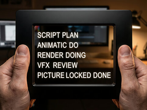Hands holding a digital frame displaying a film production checklist script plan, animatic do, render doing, vfx review, and picture locked done