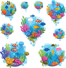Fototapeta premium Colorful underwater coral reef collection with tropical fish, sea plants and marine life scenes in vibrant aquatic vector illustration set