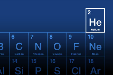 Helium element on periodic table. Chemical element with atomic number 2 and symbol He, from Greek helios for sun. Inert, monatomic, noble gas, 2nd most abundant in the universe after hydrogen. Vector