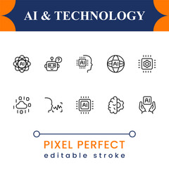 Fototapeta premium Artificial Intelligence Line Icons Set – AI Tools, Chatbot, Automation, Machine Learning Outline Pack