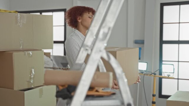 Woman lifts a cardboard box and rubs lower back for backache in a building filled with stacked boxes, ladder and packing supplies while arranging a new home; moving fatigue.