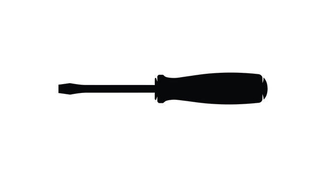 A flathead screwdriver depicted in a stark black outline silhouette