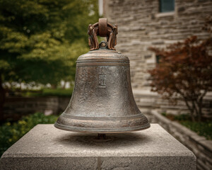 Fototapeta premium Ancient metal bell on stone pedestal with greenery and building background symbolizing back to school tradition and historic education