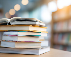 Fototapeta premium Stack Book Open Pages Study Education stack of books with one open on top ready for study and back to school in bright library setting