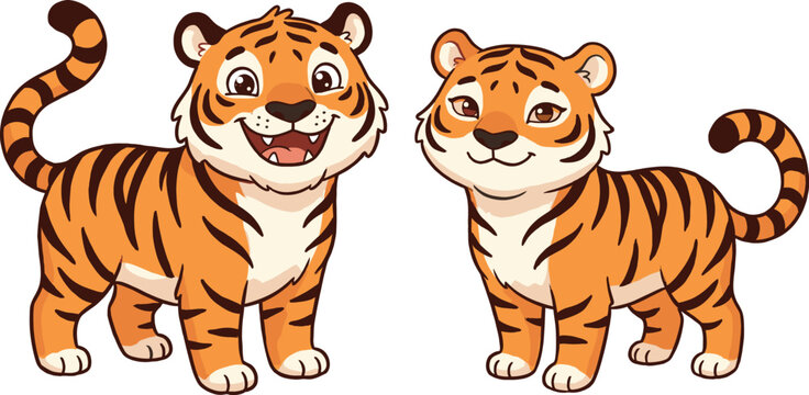 Cute Cartoon Tiger Set with Friendly Expressions and Standing Poses, Wild Animal Character Vector Illustration for Kids, Jungle, Wildlife, and Educational Design