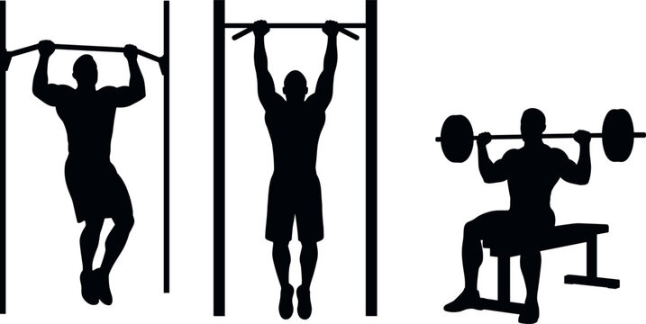Set of fitness workout silhouettes including pull up exercises hanging bar training and seated barbell weightlifting strength training