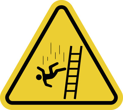 Falling from a ladder. Yellow warning triangle. Warnings about the need to move carefully and secure ladders. Follow safety precautions.