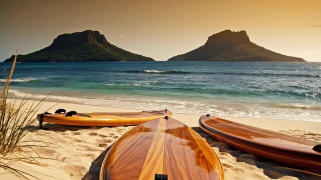 Wooden paddleboards rest on a sandy beach with the sea and mountain scenery during a tranquil sunny day