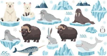 Arctic animals collection with polar bear walrus seal narwhal musk ox snowy landscape cartoon wildlife illustration set © Md