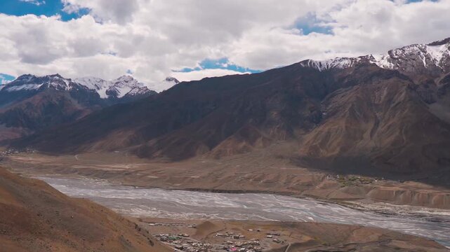 Spiti river tributaries the Himalayas during cloudy day near Kaza in Spiti Valley, Himachal Pradesh, India. Beautiful summer mountains landscape. Nature background.