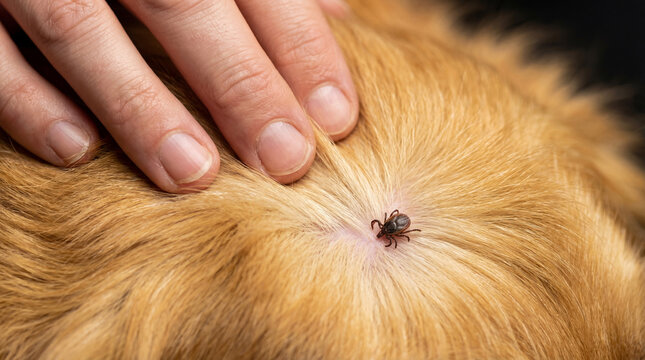 Woman checking fur of pet dog to find dangerous tick. Veterinary care and parasite control concept. Prevention of lyme disease and encephalitis infection in animals. Pet health protection.