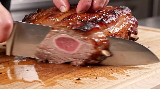 Chef carefully slices perfectly cooked roast beef showing a beautiful medium rare center on a wooden cutting board