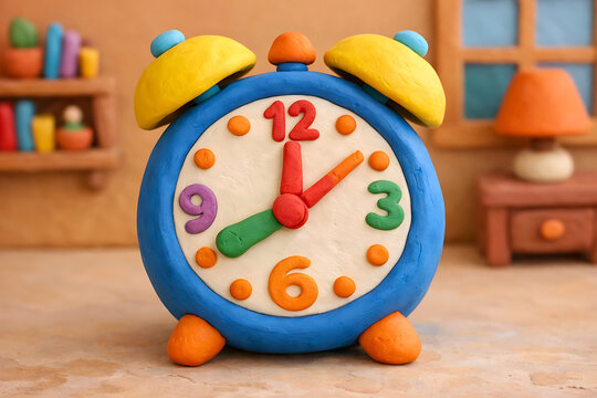 Playful clay alarm clock with colorful numbers and bells on a textured surface claymation