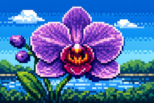 Purple orchid pixel blooming with buds against a blue sky and green landscape pixel purple orchid