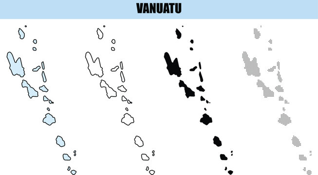 Vanuatu map outlines in different styles on a white background with a blue header