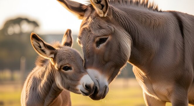 Charming donkey day mother and baby donkey bonding in a golden field
