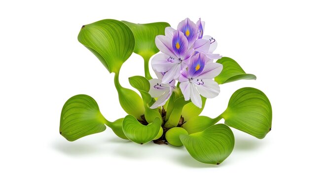 Single water hyacinth plant with vibrant purple flowers and broad green leaves isolated on white space