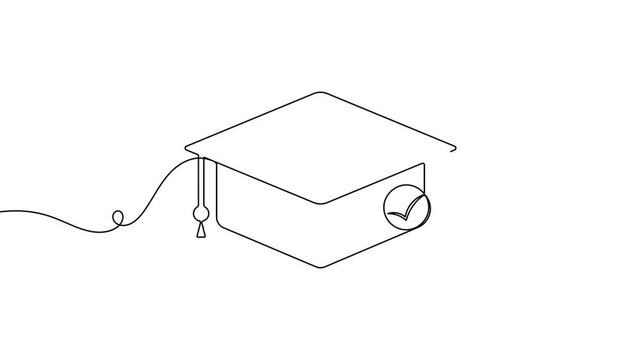 Graduation cap with approval checkmark icon sign continuous one line drawing on white background minimalist single art course completed tick symbol 4k animation video