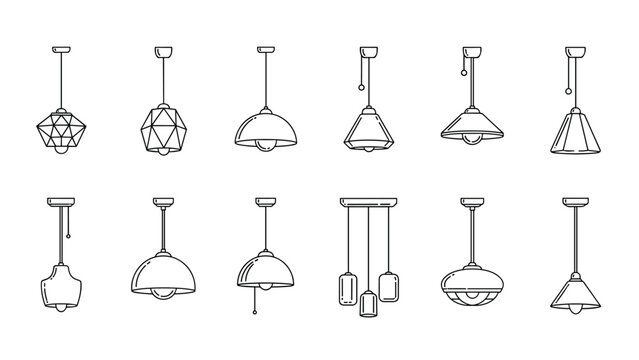 Collection of twelve minimalist line art icons for different styles of decorative pendant ceiling lamps and light fixtures.