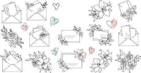 Beautiful hand drawn floral arrangements and envelopes for wedding invitation or greeting card design. © MDMUKTADIR