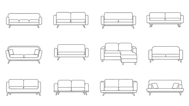 Collection of twelve hand-drawn sketches of various sofa and couch designs for living room furniture design concepts.