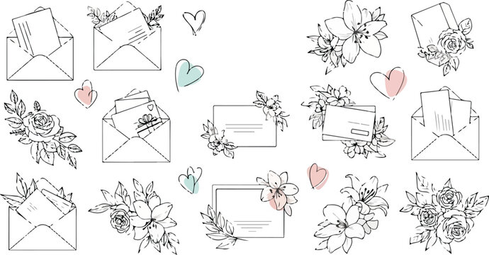 Beautiful hand drawn floral arrangements and envelopes for wedding invitation or greeting card design.