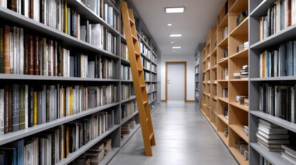 Obraz premium Modern library interior featuring rows of bookshelves filled with various books, a wooden ladder leaning against the shelves, and a door visible at the end of the corridor