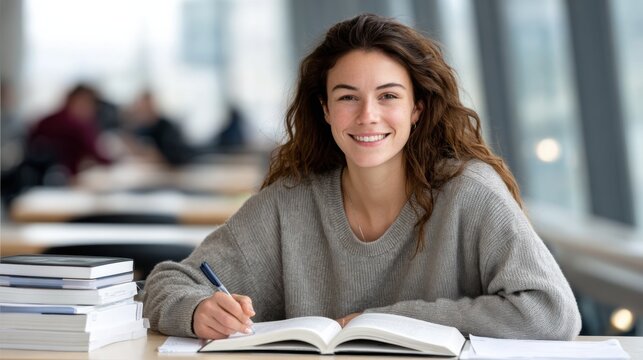 Young woman with curly brown hair studying at a table in a library, surrounded by stacks of books and large windows providing natural light