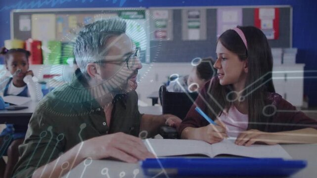 Leaning glasses-clad teacher guiding girl writing in workbook at school, pencil and digital overlay