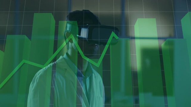 Observing researcher in lab coat with VR headset, tracking green charts and line graph at lab