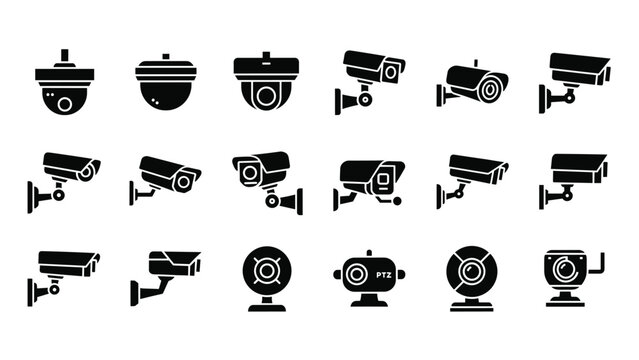 Extensive collection of security camera silhouettes including dome and bullet types for surveillance and monitoring systems.