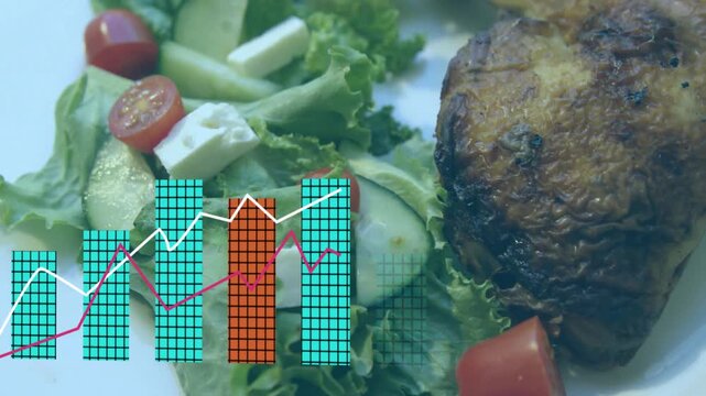 Plated meal filling frame while overlay appearing and bars rising from left for food marketing