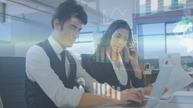 Coworkers typing, speaking in business, phone call initiating report data entry, charts fading in