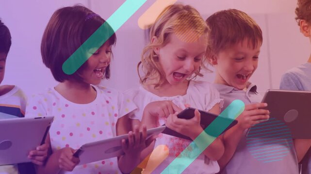 School students tapping tablets, animated graphics sweeping screens, sharing content for education