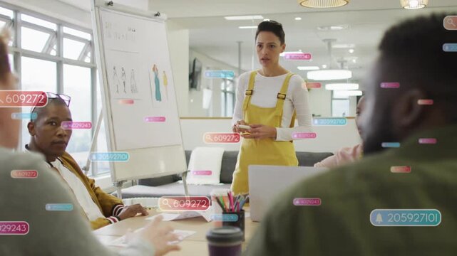 Standing presenter after gesture, leading fashion review, animated labels marking sketch for input