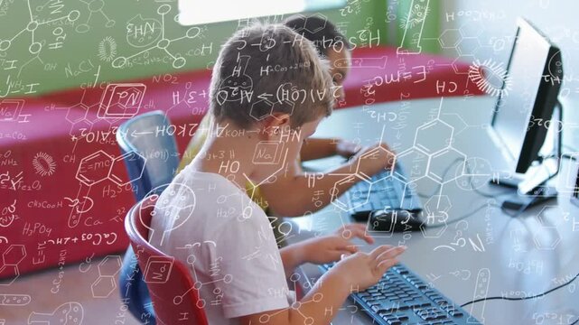 Girl front, boy back starting class, typing on keys, learning while formulas floating above screens