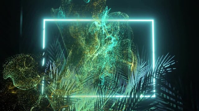 Wisps forming cyan frame, particle column surging through frame, lighting palms for motion design