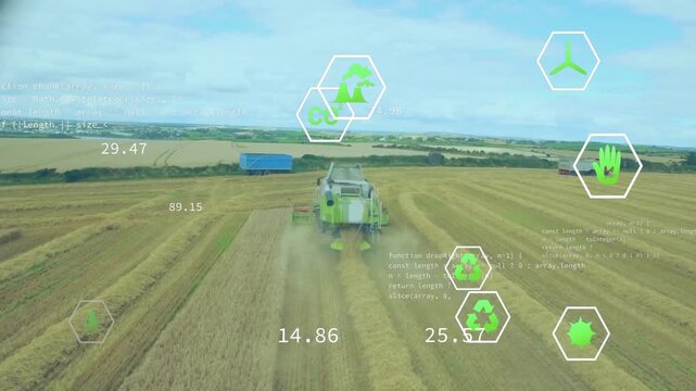 Combine starting run across wheat field, cutting for yield while agritech HUD icons updating