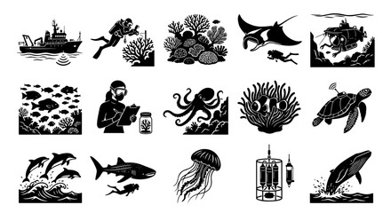 Marine biology research icons set, black and white ocean exploration vector illustrations, 15 underwater science and sea life silhouettes © Sumi